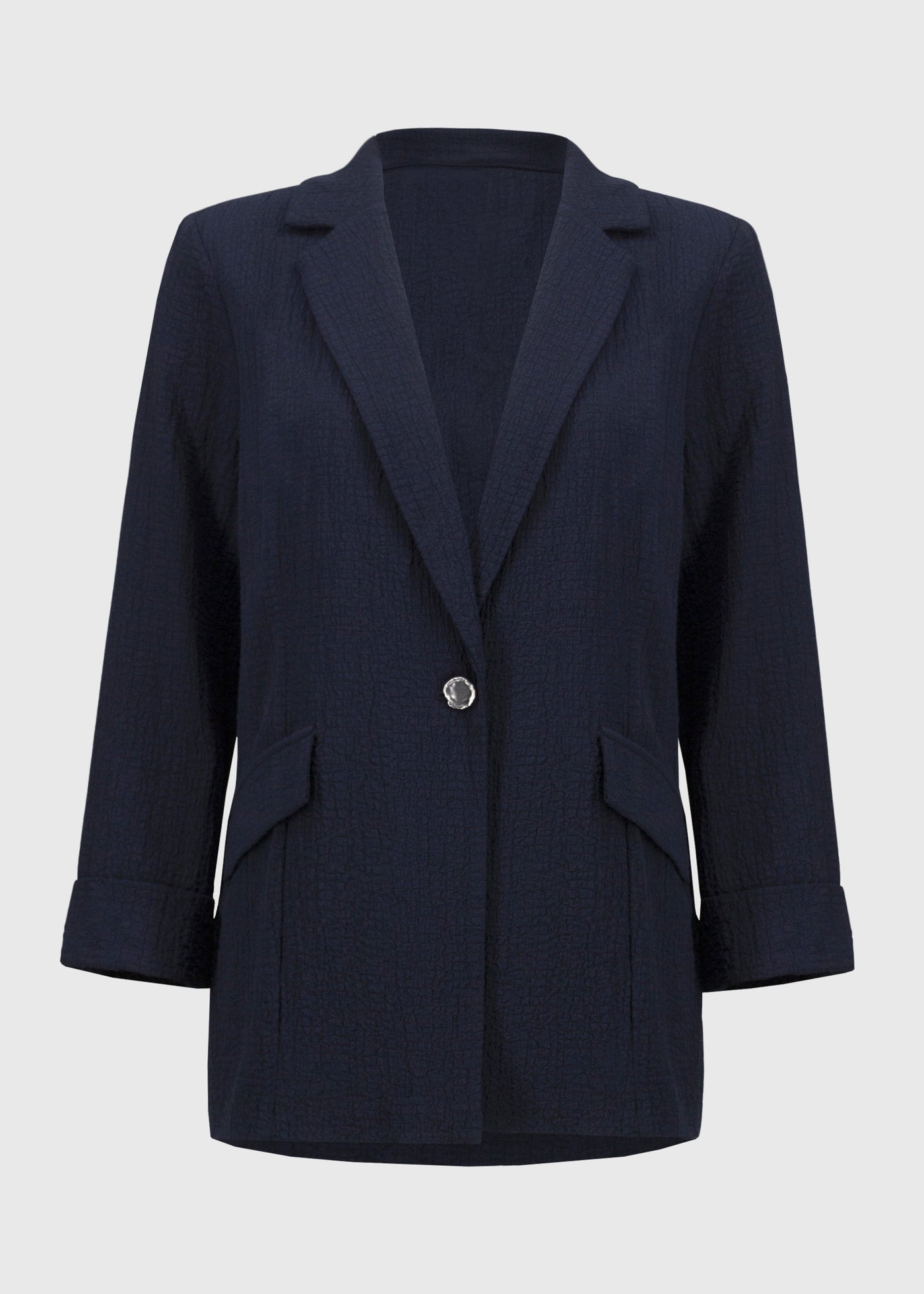 front view of plus size Joseph Ribkoff Seersucker Straight Blazer in Midnight