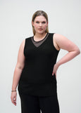 front view of plus size Joseph Ribkoff Silky Knit and Mesh Tank Top with Curved Hem in Black
