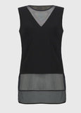 front view of plus size Joseph Ribkoff Silky Knit and Mesh Tank Top with Curved Hem in Black