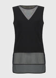 Black sleeveless top with mesh panels on a light gray background