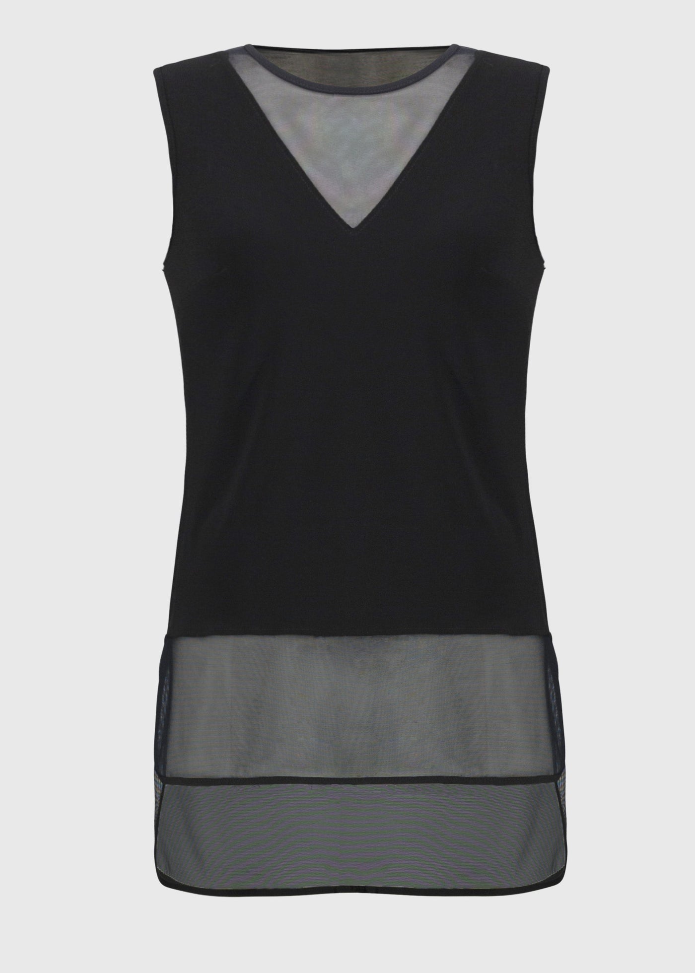 front view of plus size Joseph Ribkoff Silky Knit and Mesh Tank Top with Curved Hem in Black