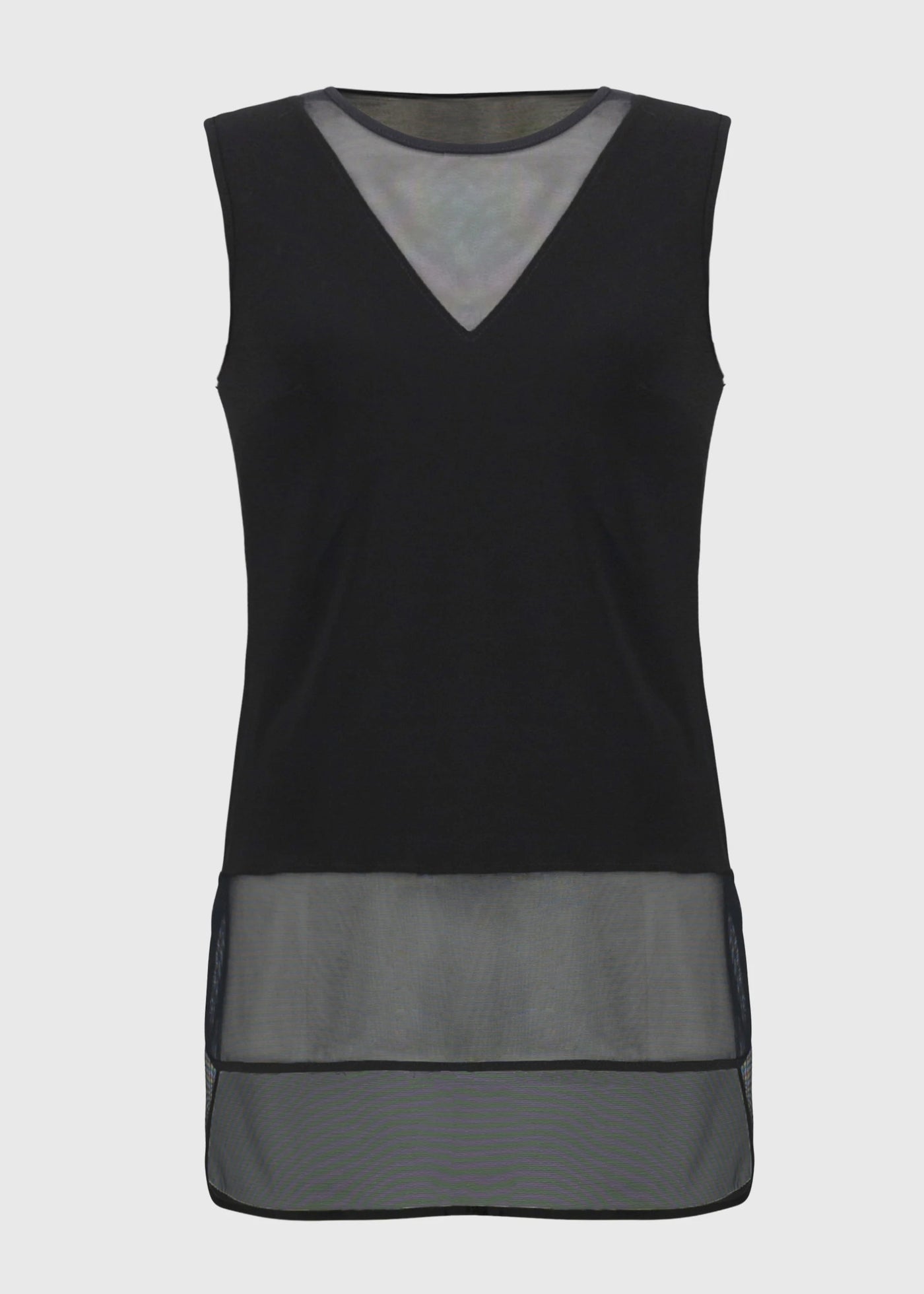 Black sleeveless top with mesh panels on a light gray background