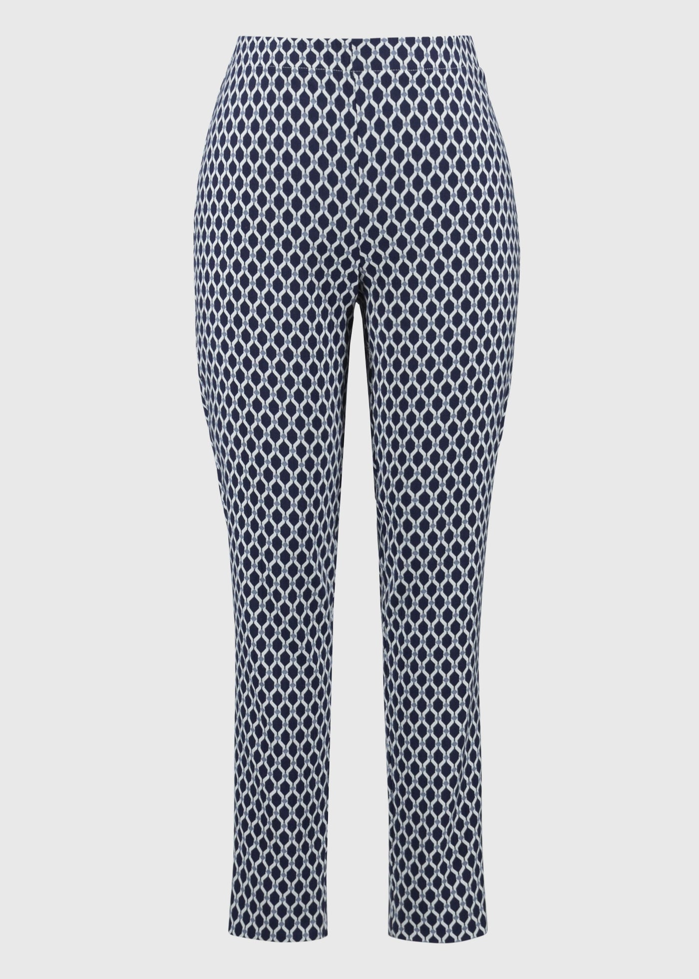 front view of plus size Joseph Ribkoff Jacquard Geo Print Slim Leg Pant in Blue/Wht