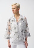 front view of plus size Joseph Ribkoff Organza Print Floral Boxy Coverup Cardigan in White/Black