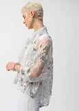 side view of plus size Joseph Ribkoff Organza Print Floral Boxy Coverup Cardigan in White/Black