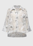 front view of plus size Joseph Ribkoff Organza Print Floral Boxy Coverup Cardigan in White/Black