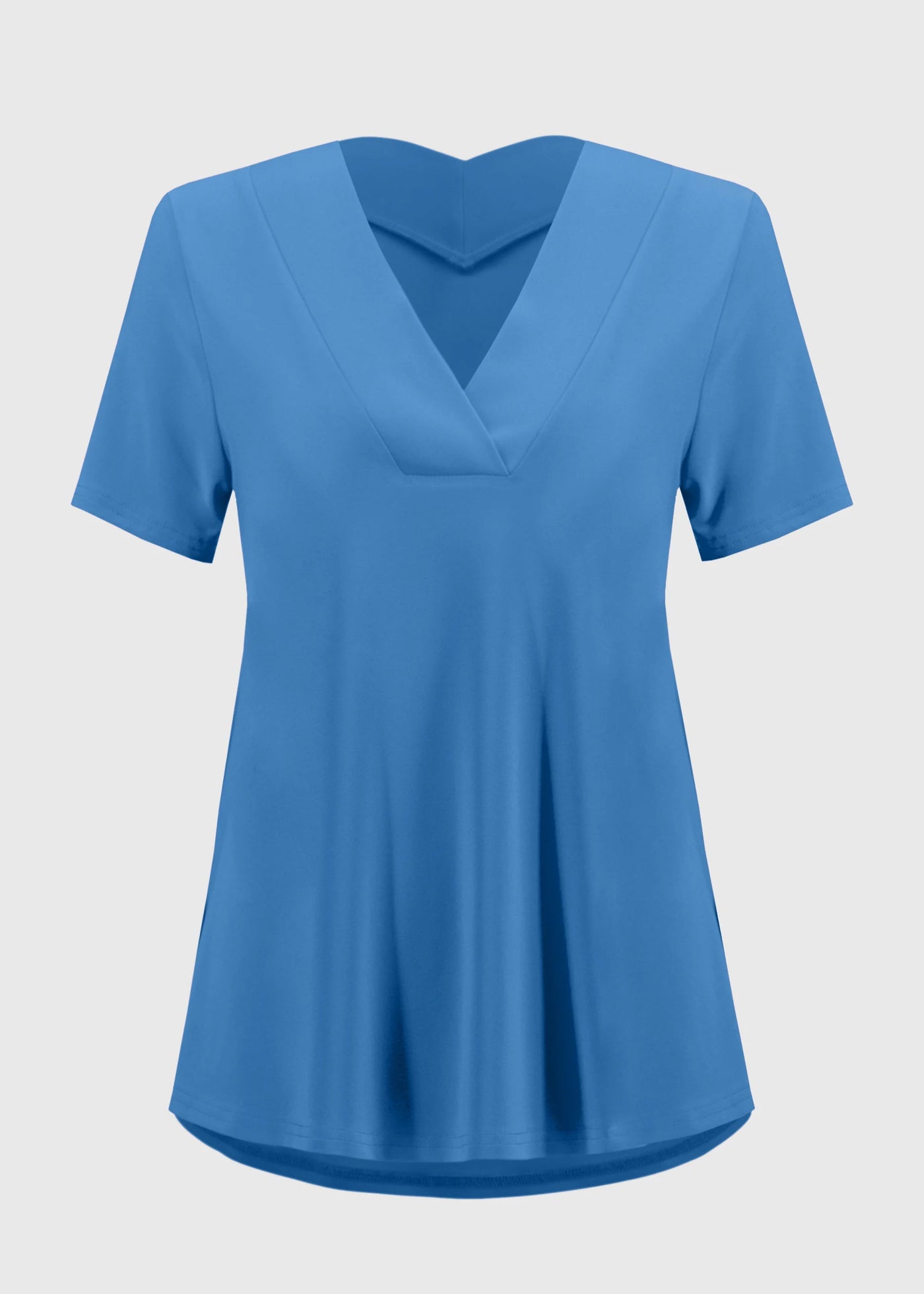 front view of plus size Joseph Ribkoff Silky Knit Flared V-Neck Short Sleeve top in Coastal Blue