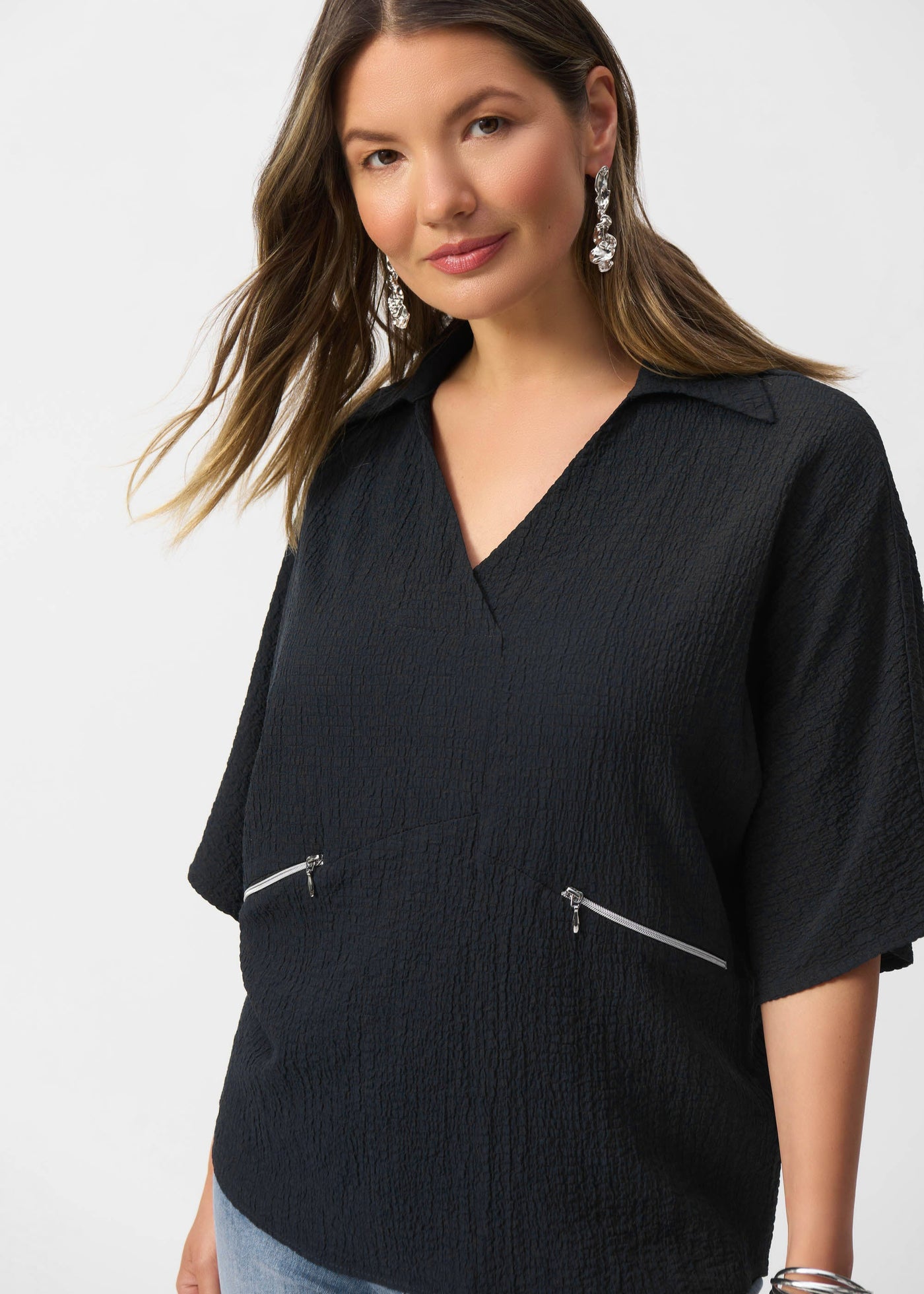front view of plus size Joseph Ribkoff Seersucker Boxy Hi-Lo top in Black