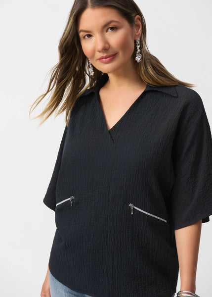 front view of plus size Joseph Ribkoff Seersucker Boxy Hi-Lo top in Black