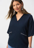 front view of plus size Joseph Ribkoff Seersucker Boxy Hi-Lo top in Midnight