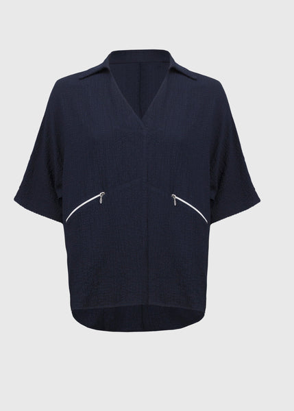 front view of plus size Joseph Ribkoff Seersucker Boxy Hi-Lo top in Midnight