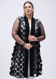 front view of plus size Joseph Ribkoff 3D Dot and Mesh Coverup Cardigan in Black