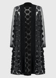 front view of plus size Joseph Ribkoff 3D Dot and Mesh Coverup Cardigan in Black