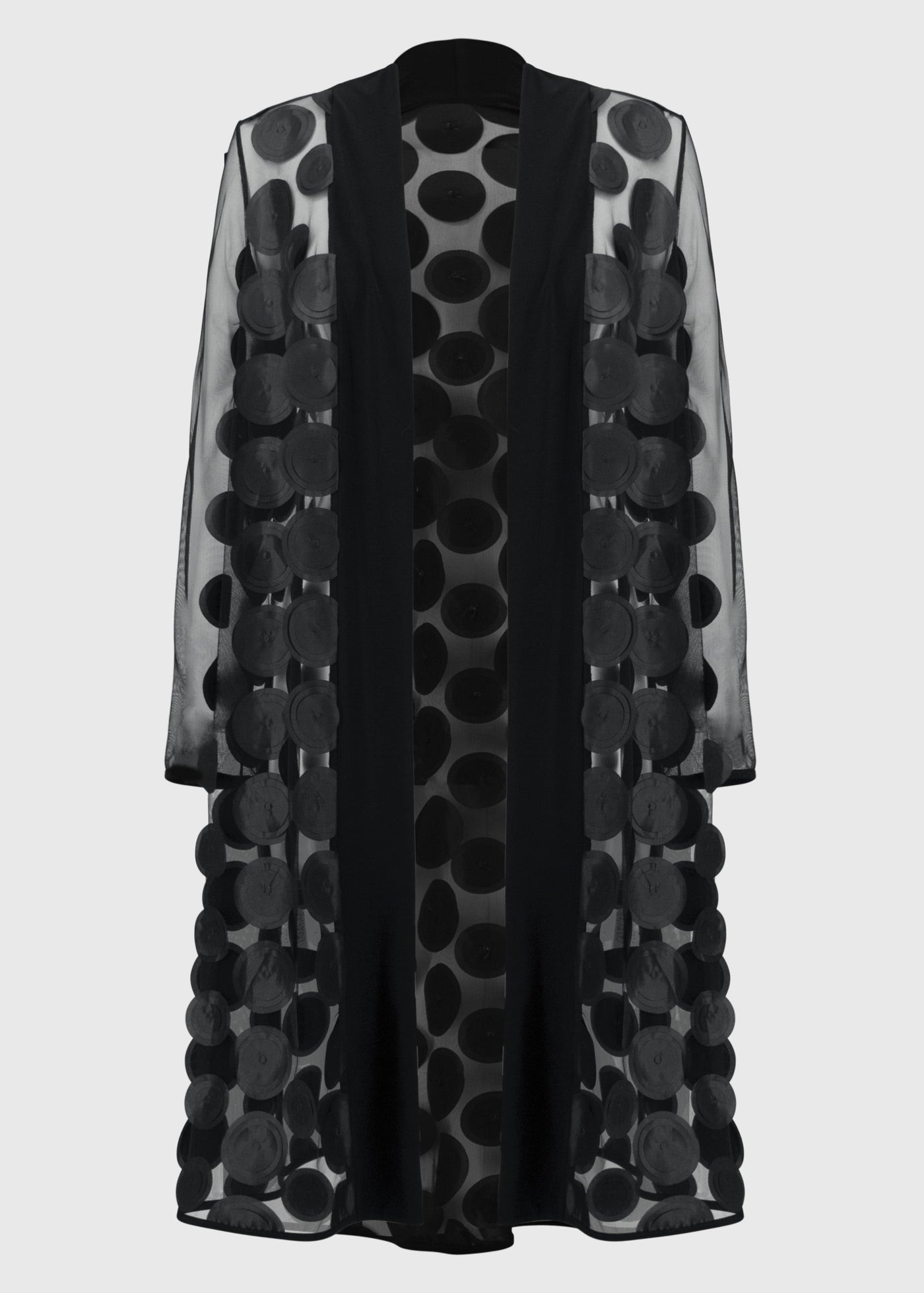 front view of plus size Joseph Ribkoff 3D Dot and Mesh Coverup Cardigan in Black