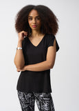 front view of plus size Joseph Ribkoff Jersey Split Slv.Boxy V-Neck Top in Black