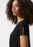 close up front view of plus size Joseph Ribkoff Jersey Split Slv.Boxy V-Neck Top in Black
