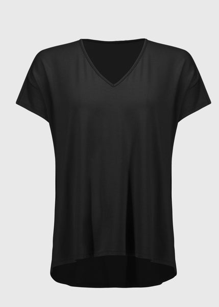 front view of plus size Joseph Ribkoff Jersey Split Slv.Boxy V-Neck Top in Black