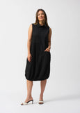 front view of plus size Joseph Ribkoff Bubble Jacquard Sleeveless Mixed Media Cocoon Dress in Black