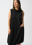 front view of plus size Joseph Ribkoff Bubble Jacquard Sleeveless Mixed Media Cocoon Dress in Black