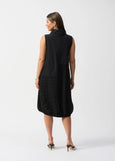 back view of plus size Joseph Ribkoff Bubble Jacquard Sleeveless Mixed Media Cocoon Dress in Black