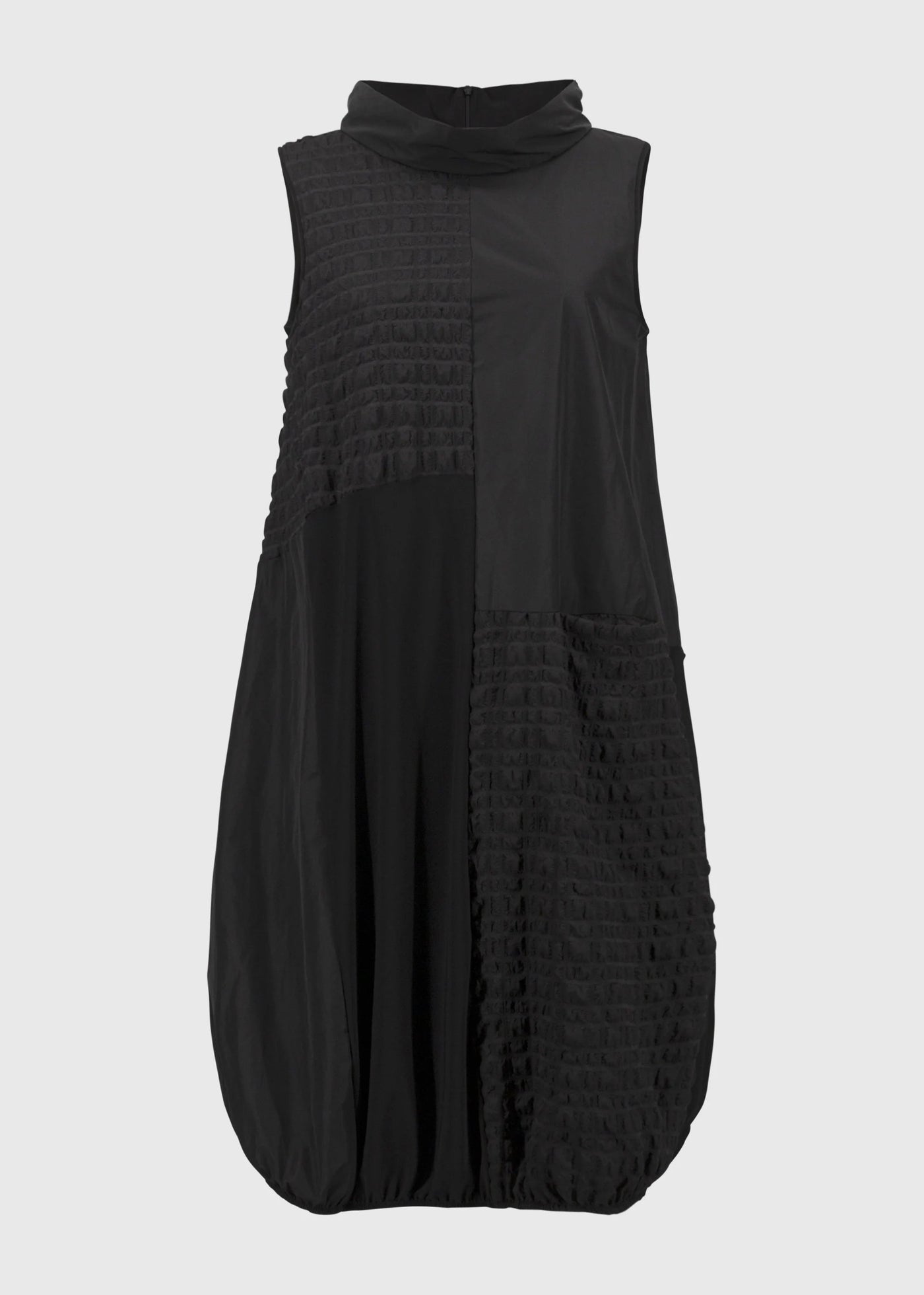 front view of plus size Joseph Ribkoff Bubble Jacquard Sleeveless Mixed Media Cocoon Dress in Black