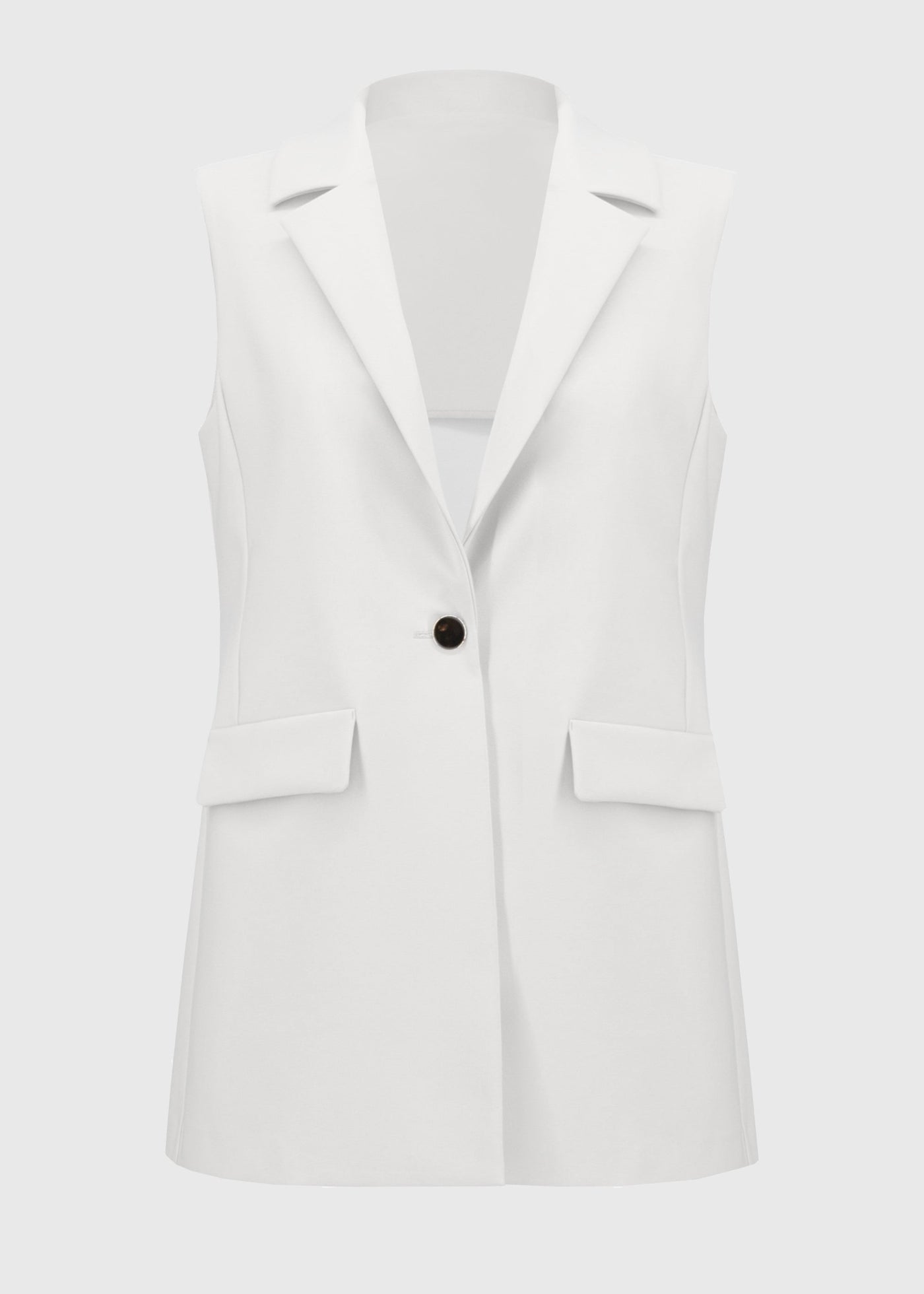 front view of plus size Joseph Ribkoff Lux Twill Sleeveless Fitted Vest in Off-white