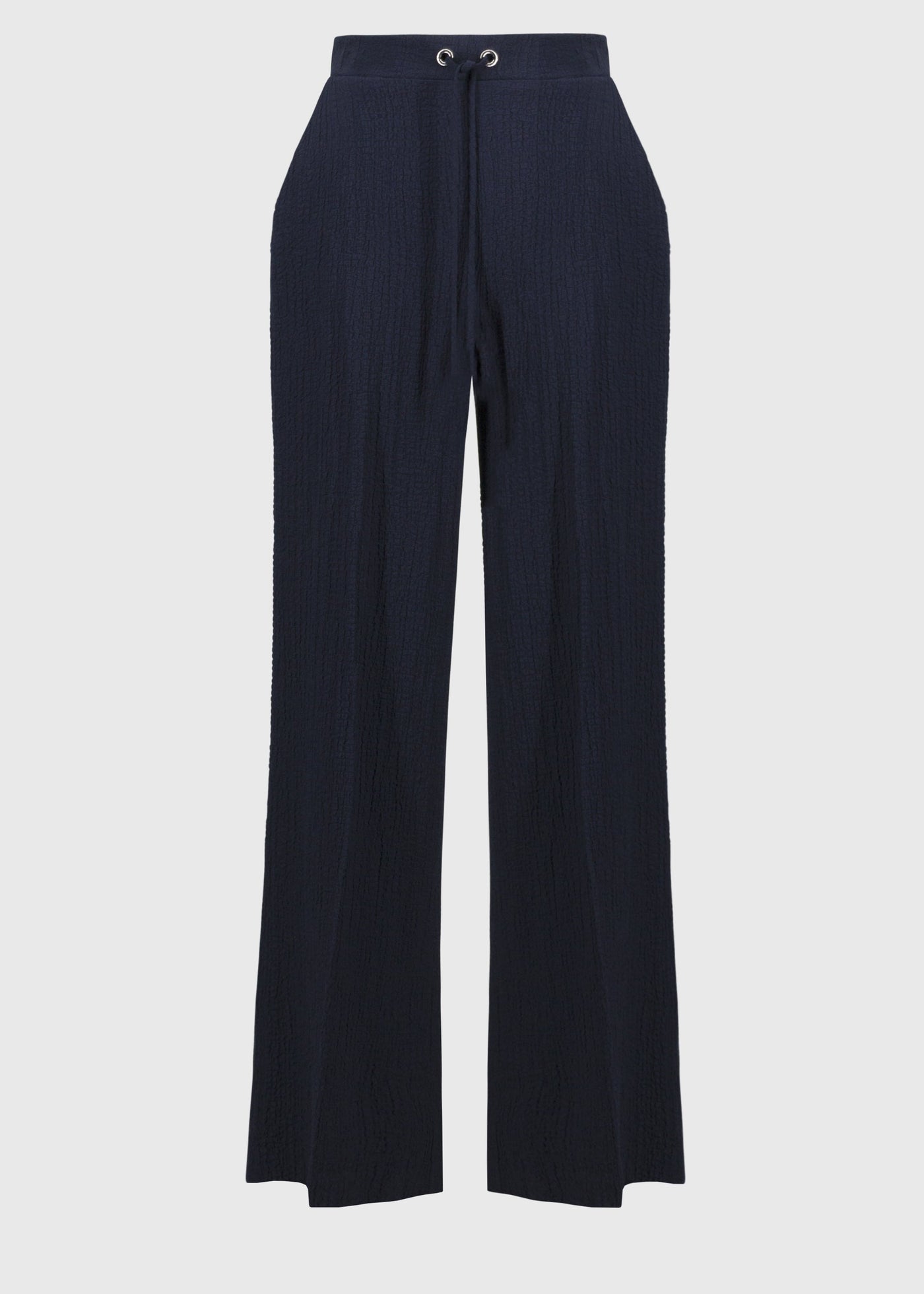 front view of plus size Joseph Ribkoff Seersucker Wide Leg Drawstring Pant in Midnight