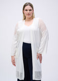 front view of plus size Joseph Ribkoff Crochet Knit Long Cardigan in White