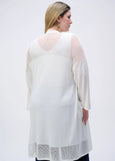 back view of plus size Joseph Ribkoff Crochet Knit Long Cardigan in White