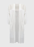 front view of plus size Joseph Ribkoff Crochet Knit Long Cardigan in White