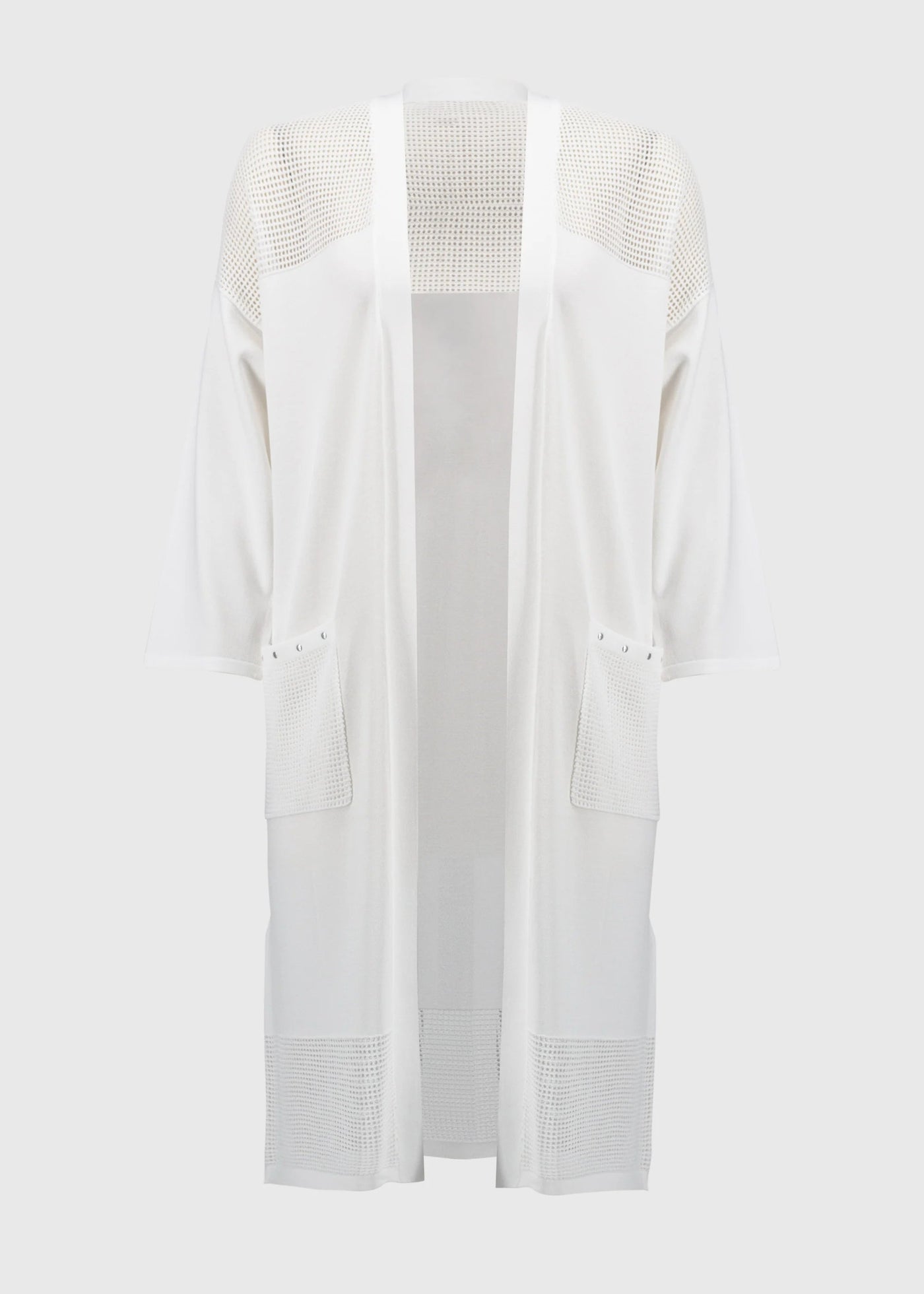 front view of plus size Joseph Ribkoff Crochet Knit Long Cardigan in White
