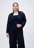 front view of plus size Joseph Ribkoff Crochet Knit Long Cardigan in Midnight