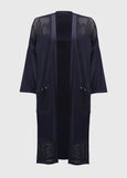 front view of plus size Joseph Ribkoff Crochet Knit Long Cardigan in Midnight