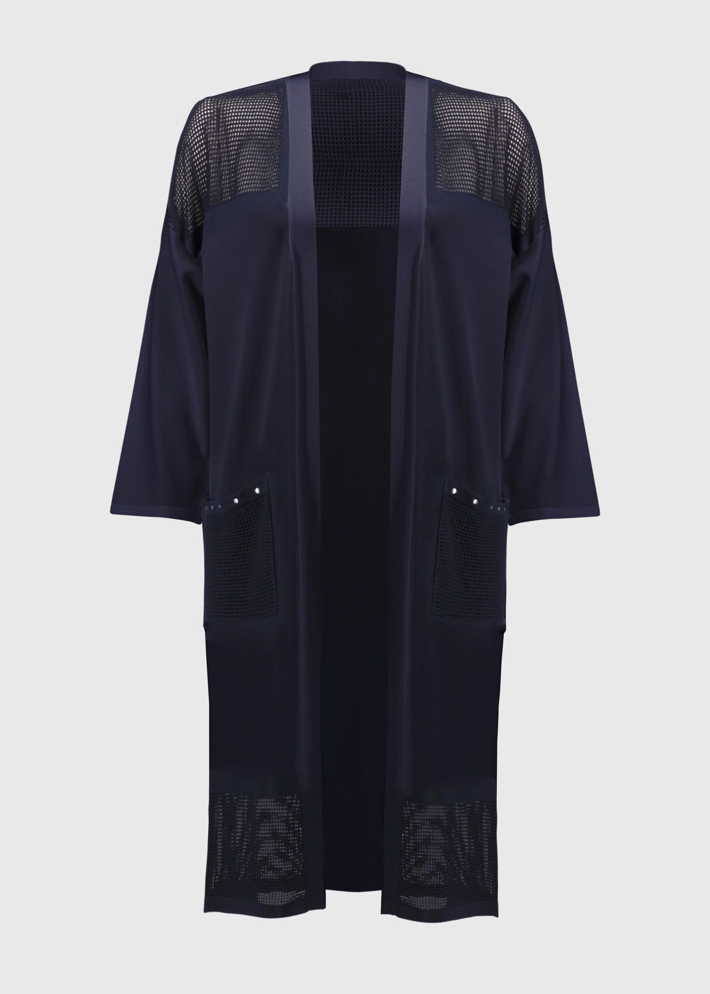 front view of plus size Joseph Ribkoff Crochet Knit Long Cardigan in Midnight