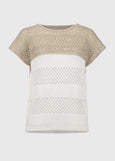 front view of plus size Joseph Ribkoff Colour Black Metallic Sweater in Vanilla/Gold