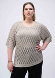 front view of plus size Joseph Ribkoff Pointelle Sequin Sweater in Champagne