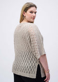 back view of plus size Joseph Ribkoff Pointelle Sequin Sweater in Champagne