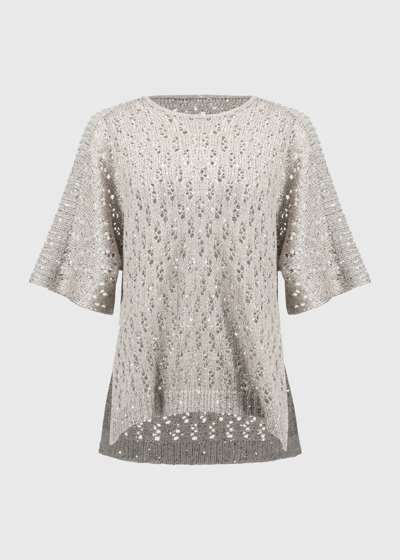 front view of plus size Joseph Ribkoff Pointelle Sequin Sweater in Champagne