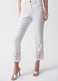 front view of plus size Joseph Ribkoff Straight Fitted Crop Jean with Cutwork Lace Hem in White