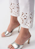close up front view of plus size Joseph Ribkoff Straight Fitted Crop Jean with Cutwork Lace Hem in White