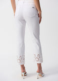 back view of plus size Joseph Ribkoff Straight Fitted Crop Jean with Cutwork Lace Hem in White