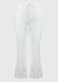 front view of plus size Joseph Ribkoff Straight Fitted Crop Jean with Cutwork Lace Hem in White