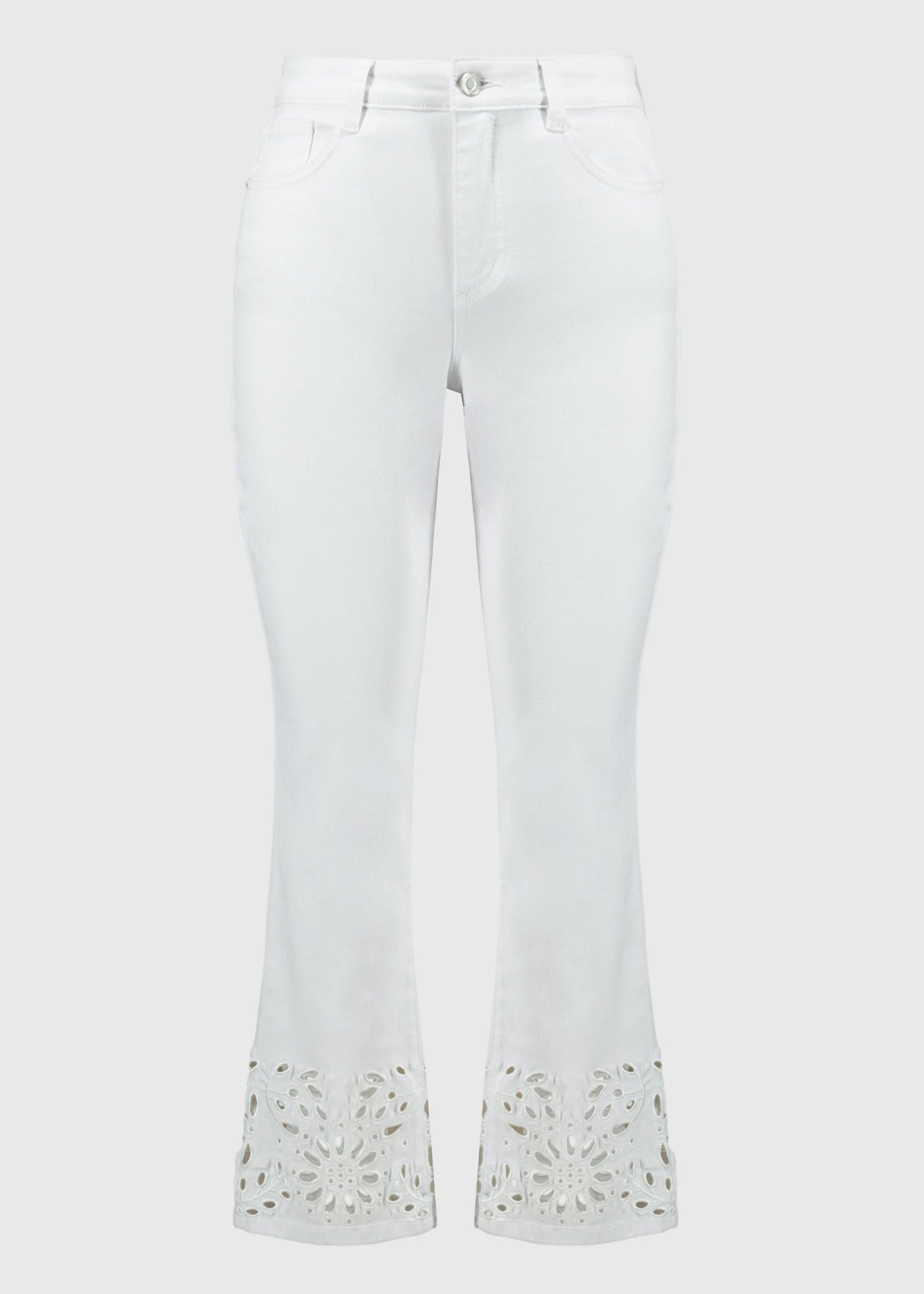 front view of plus size Joseph Ribkoff Straight Fitted Crop Jean with Cutwork Lace Hem in White