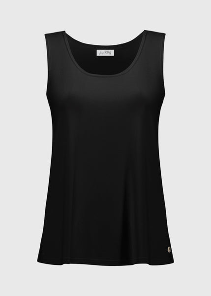 front view of plus size Joseph Ribkoff Silky Knit Scoopneck Cami in Black