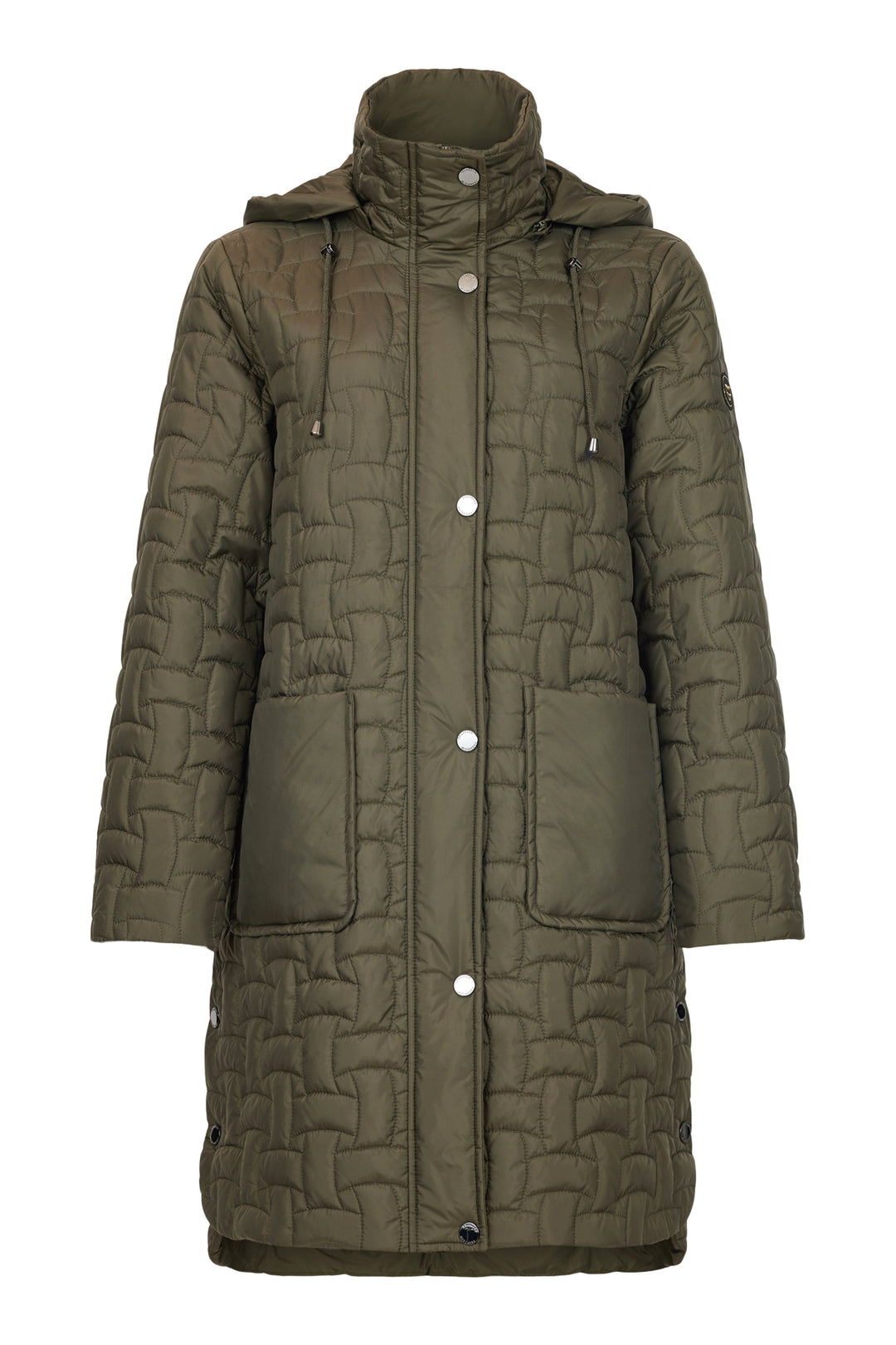 Frandsen Long Basket Weave Quilted Coat with Detachable Hood in Olive
