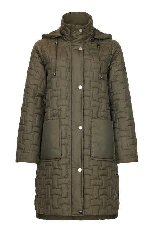 Frandsen Long Basket Weave Quilted Coat with Detachable Hood in Olive