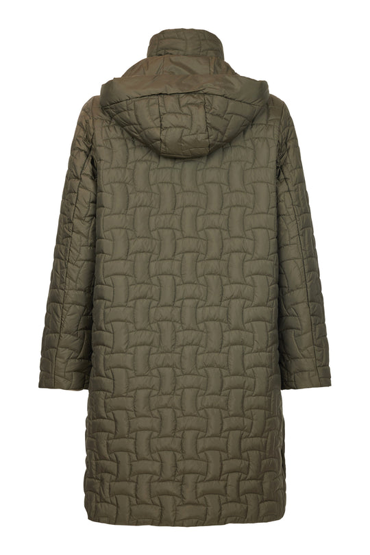Frandsen Long Basket Weave Quilted Coat with Detachable Hood in Olive