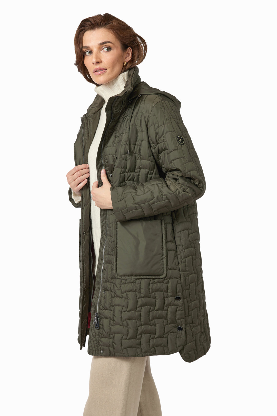 Frandsen Long Basket Weave Quilted Coat with Detachable Hood in Olive