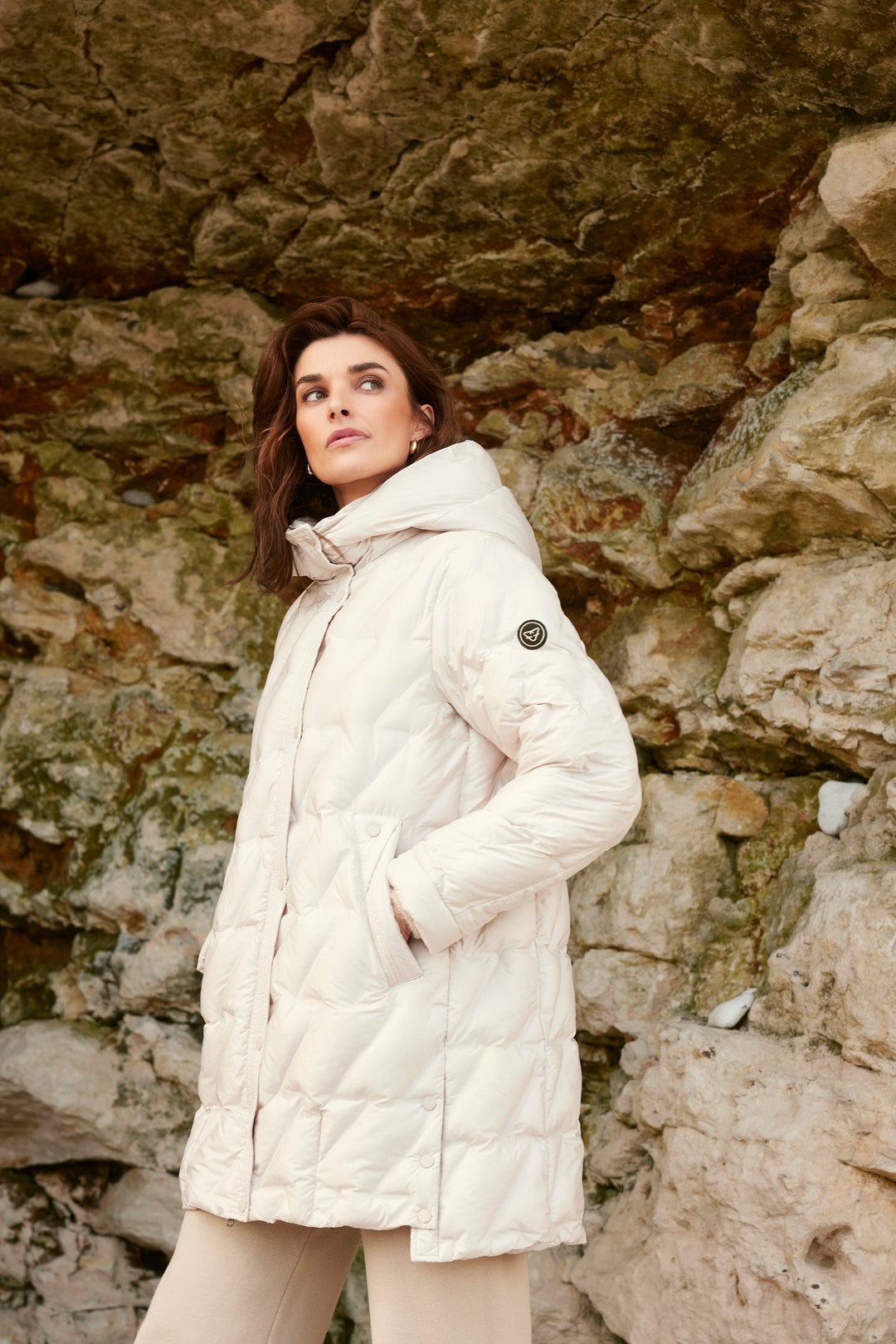 Frandsen Diagonal Quilted Puffer with Side Slits and Detachable Hood in Cream