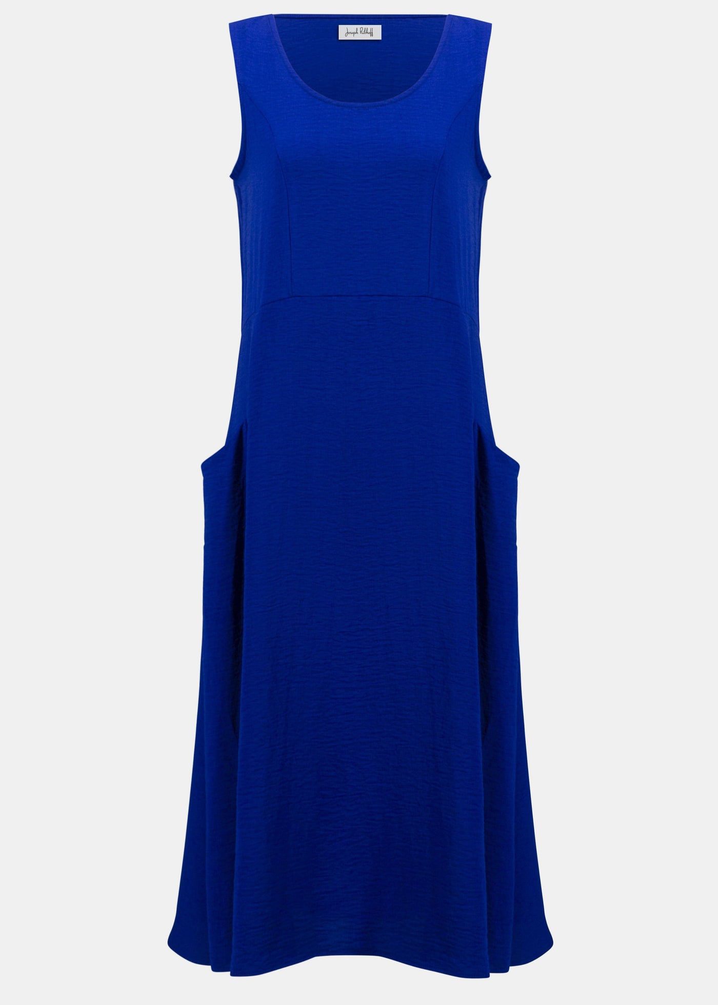front view of plus size Joseph Ribkoff Gauze A-line Sleeveless Dress in Royal Sapphire
